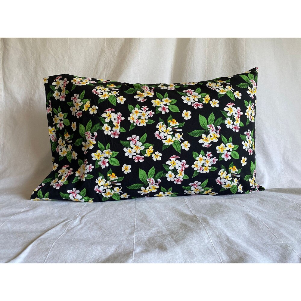 Black Pillowcase with Cluster Plumeria Pattern | Handmade | 100% Cotton
